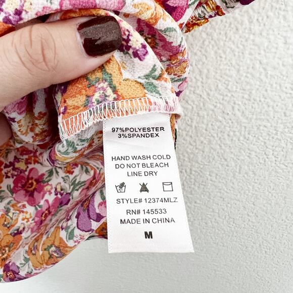 [W5] Pink Orange Floral Print Puff Sleeve Smocked Neck Scoop Blouse Sz Medium M - Picture 10 of 10